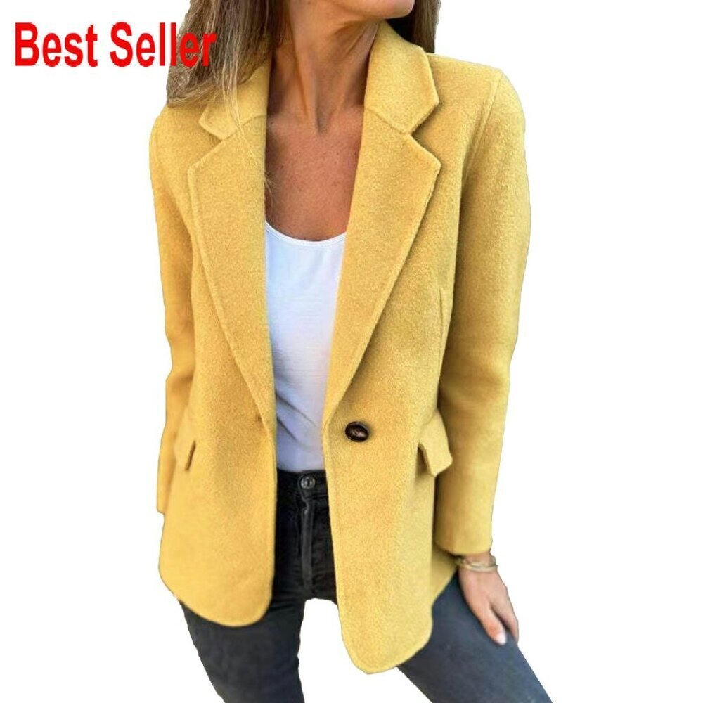 Wool Blend Blazer Notch Lapel Single Button Open Front Business Chic